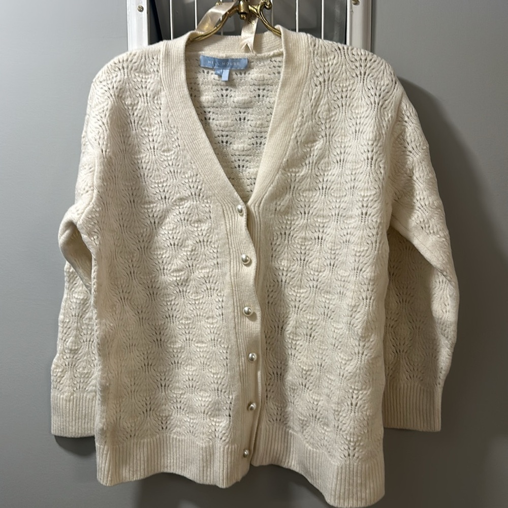 Hill House Cream Cardigan Sweater with V-neck and Textured Knit